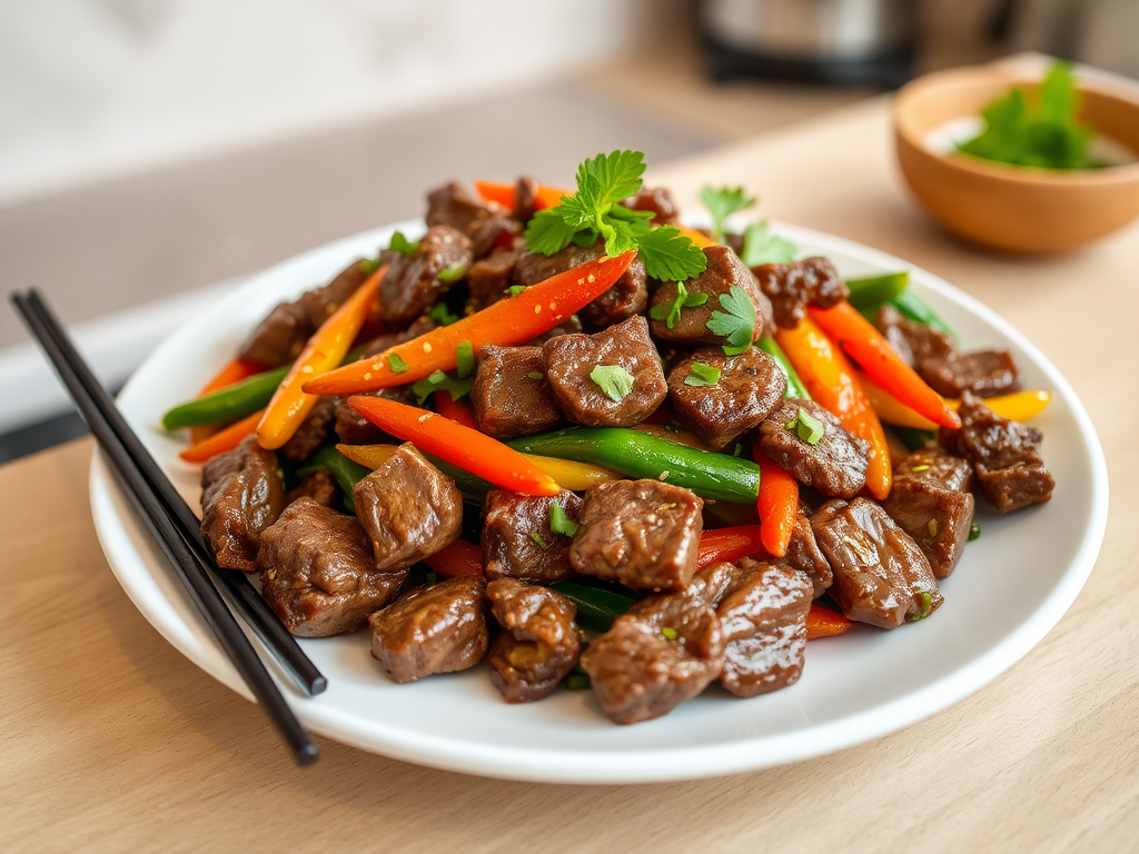 A beautifully plated steak stir-fry on a white dish, showcasing tender beef and colorful vegetables, garnished with fresh herbs and sesame seeds. The chopsticks beside the plate and softly blurred kitchen background highlight the delicious meal.