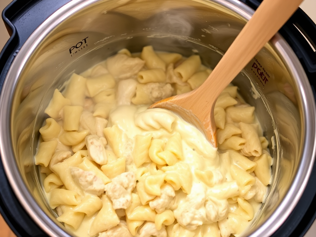 Step-by-step process of cooking Chicken Alfredo in the Instant Pot, showing sautéing chicken and garlic, adding broth, pasta, and cream