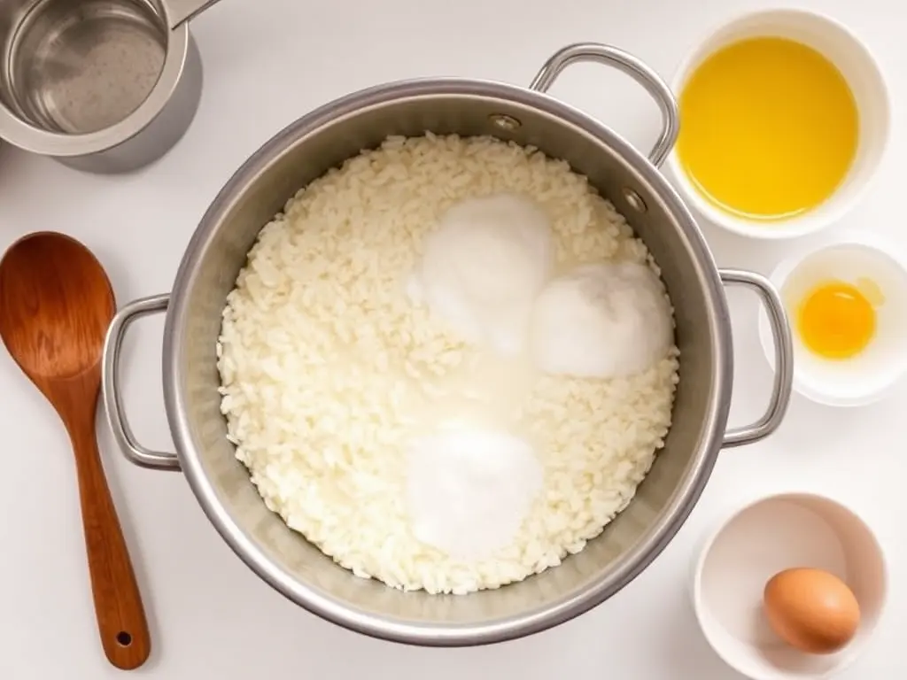 Overhead view of a large saucepan with rice, milk, sugar, and salt measured and ready to combine, alongside measuring cups and a small bowl with eggs on a clean kitchen counter.