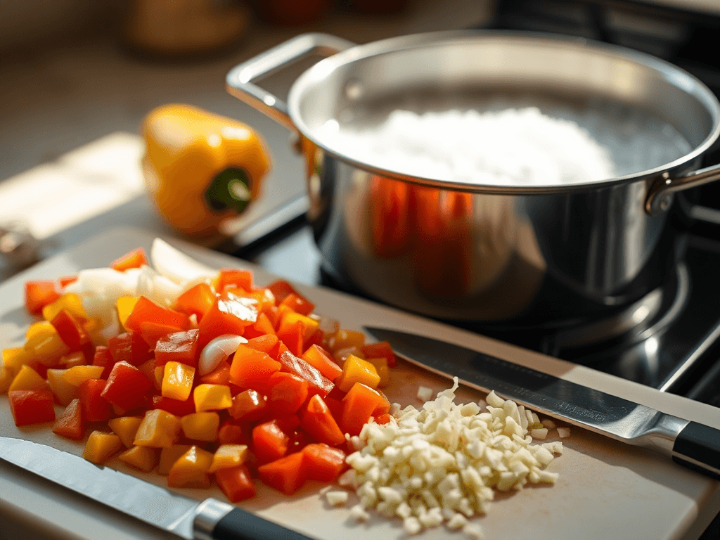 A close-up of diced red and yellow bell peppers, chopped onion, and minced garlic on a cutting board with a knife. In the background, a pot of boiling water on the stove suggests meal preparation.