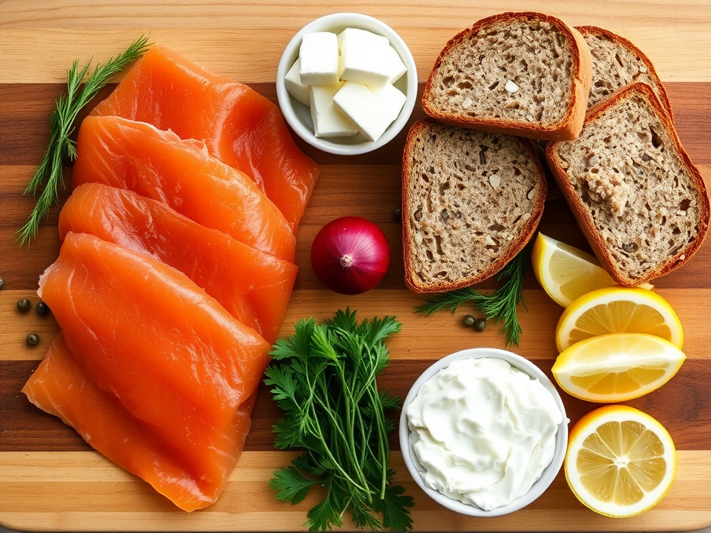 Flat lay of ingredients for smoked salmon dish, including smoked salmon, whole grain bread, cream cheese, a small red onion, capers, fresh dill, and lemon wedges arranged on a wooden cutting board.