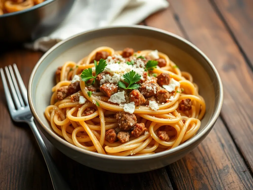 A beautifully plated bowl of Savory Skillet Ground Sausage Pasta garnished with parsley and Parmesan. The dish is placed on a rustic wooden table with a fork and a glass of red wine beside it.