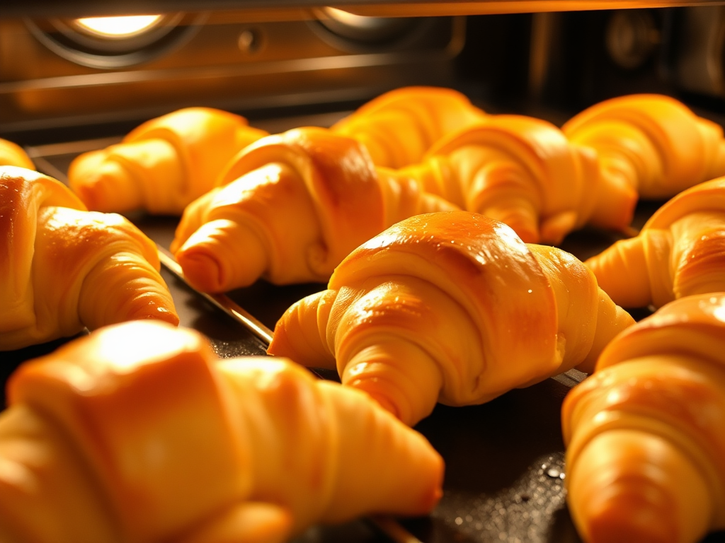 Close-up of crescent rolls baking in the oven, with the oven light illuminating their golden-brown crust. The rolls are puffed and glossy, with melted cheese and savory filling visibly peeking through the edges.