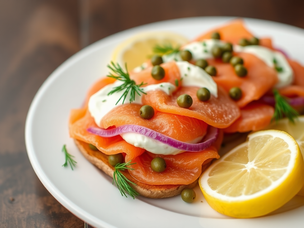 Elegant presentation of a smoked salmon dish on a white plate, showcasing layers of smoked salmon, cream cheese, red onion, and capers, garnished with fresh dill and lemon wedges.