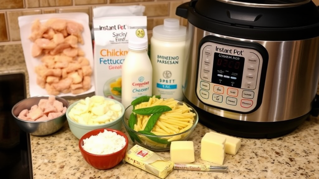 Ingredients for Instant Pot Creamy Chicken Alfredo Pasta including butter, chicken breasts, garlic, chicken broth, heavy cream, fettuccine pasta, and Parmesan cheese.