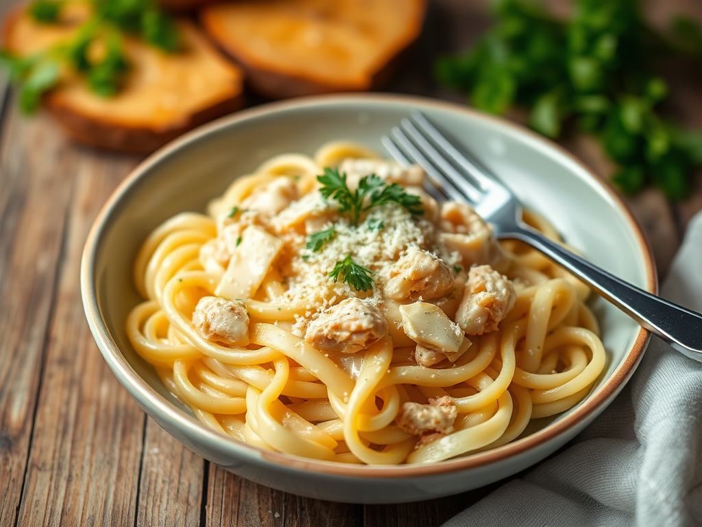 Beautifully plated Creamy Chicken Alfredo Pasta garnished with fresh parsley and Parmesan, ready to serve with a side of garlic bread.