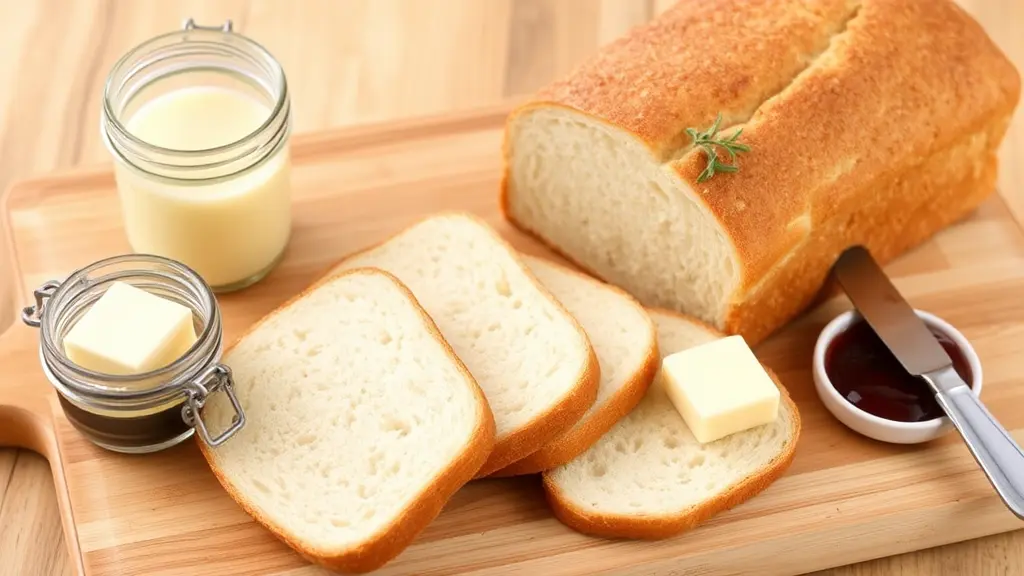 Sliced sandwich bread loaf on a wooden cutting board, showing the soft interior. A jar of butter and a butter knife sit beside the loaf, with a sprig of herbs and a small dish of jam adding a fresh touch.