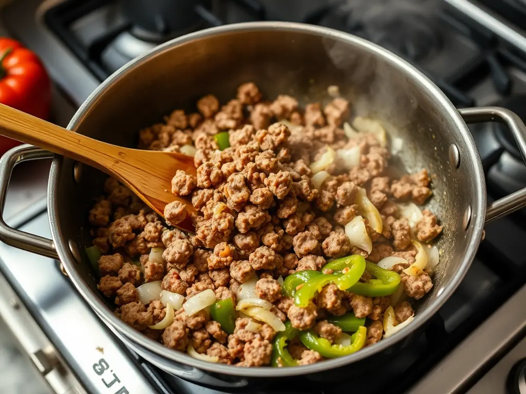 "A skillet on a stovetop with ground sausage browning, mixed with sautéed onions and bell peppers. Steam rises from the skillet, as a wooden spoon stirs the ingredients, showing the cooking process.