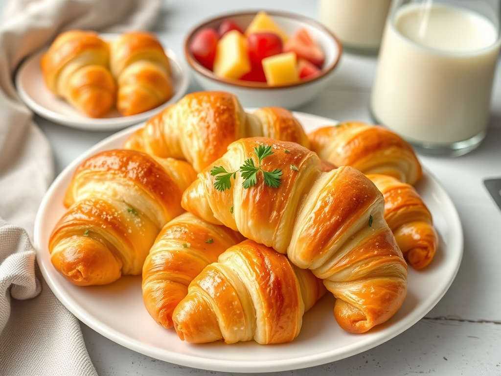 Freshly baked crescent rolls served on a white plate, garnished with chopped parsley. The rolls are accompanied by a bowl of fresh fruit and a glass of milk, creating a warm and inviting breakfast setting