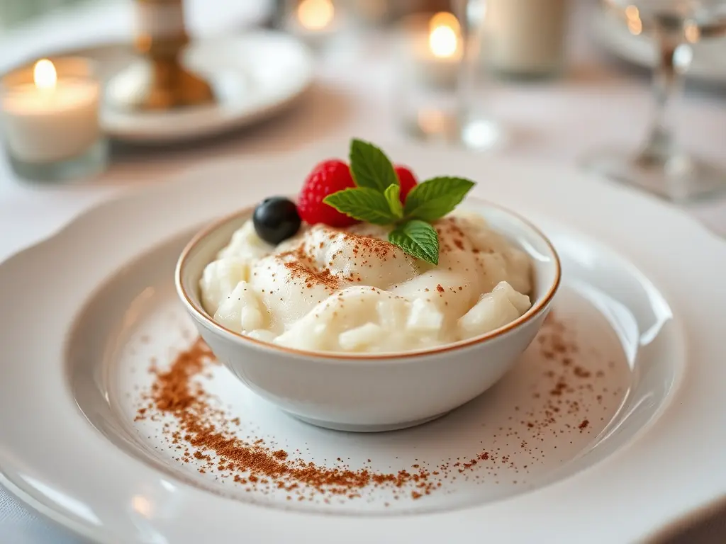 A beautifully plated serving of rice pudding in an elegant dish, garnished with a sprinkle of cinnamon, fresh berries, and a mint leaf, set against a softly lit cozy dining backdrop.