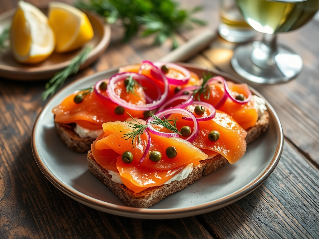 A gourmet smoked salmon lunch featuring slices of smoked salmon on toasted whole grain bread with cream cheese, red onions, capers, and fresh dill, accompanied by lemon wedges and a glass of white wine on a rustic wooden table.