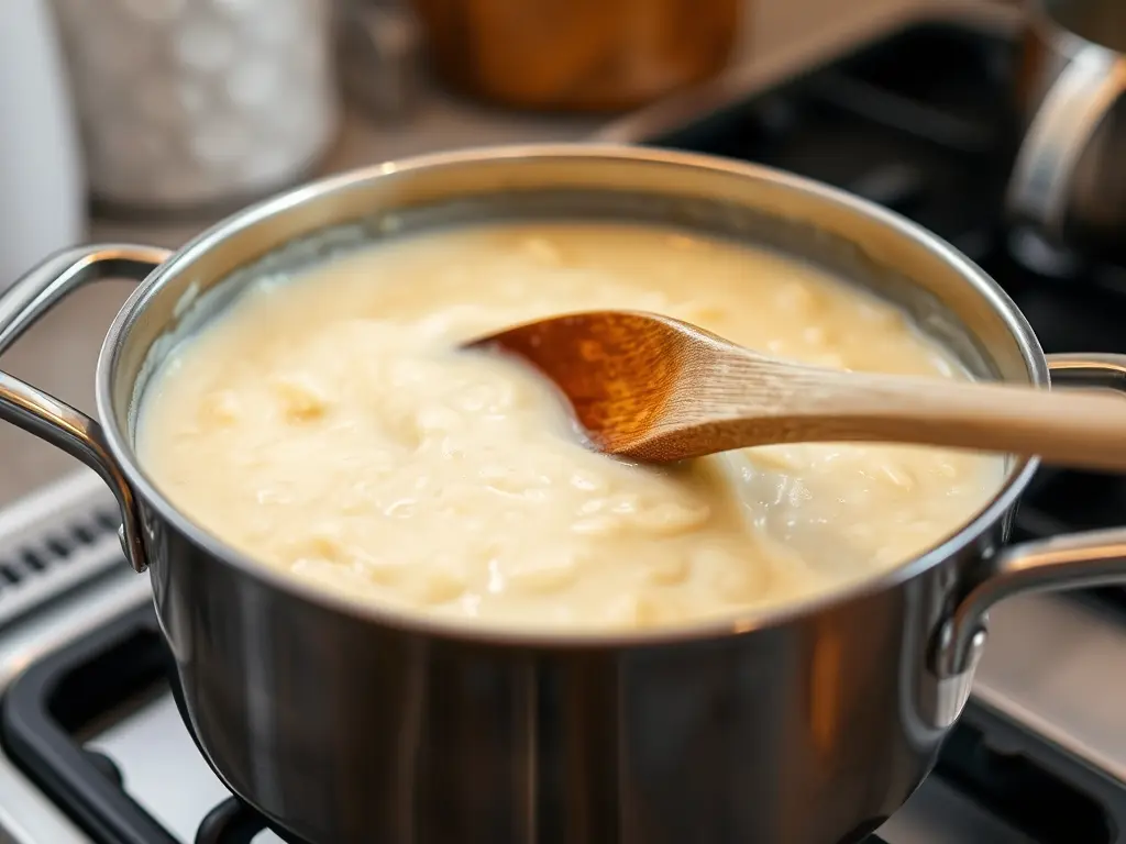 Close-up shot of a saucepan on the stove with a creamy rice pudding mixture simmering, steam rising, and a wooden spoon stirring the mixture.