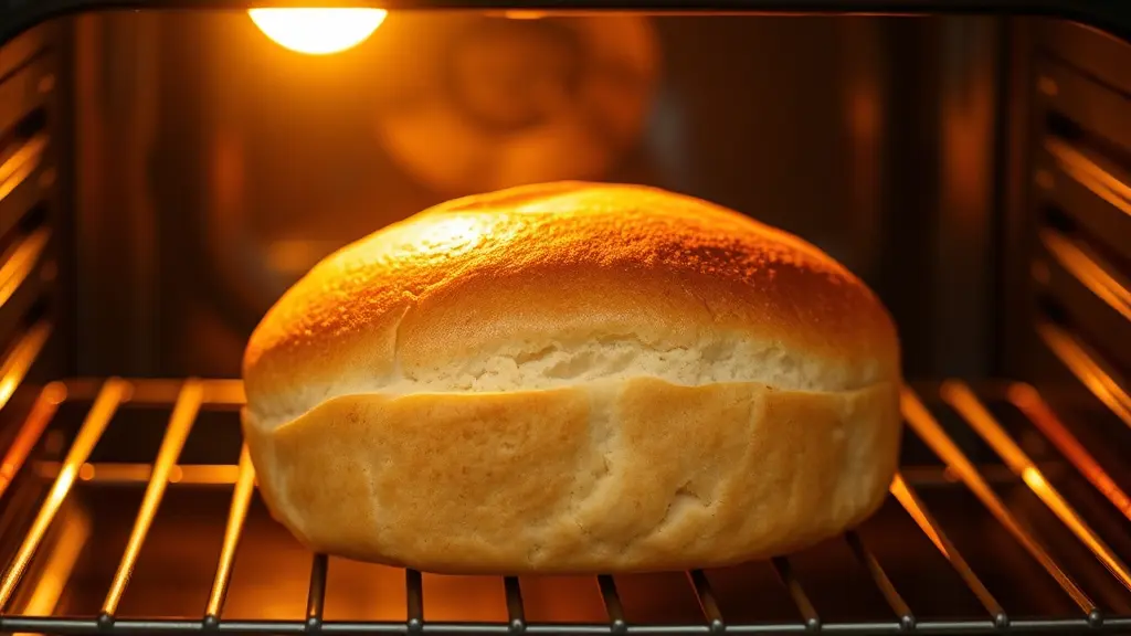 Golden sandwich bread loaf baking inside the oven, with light shining through the oven door as the bread reaches its final stage of cooking