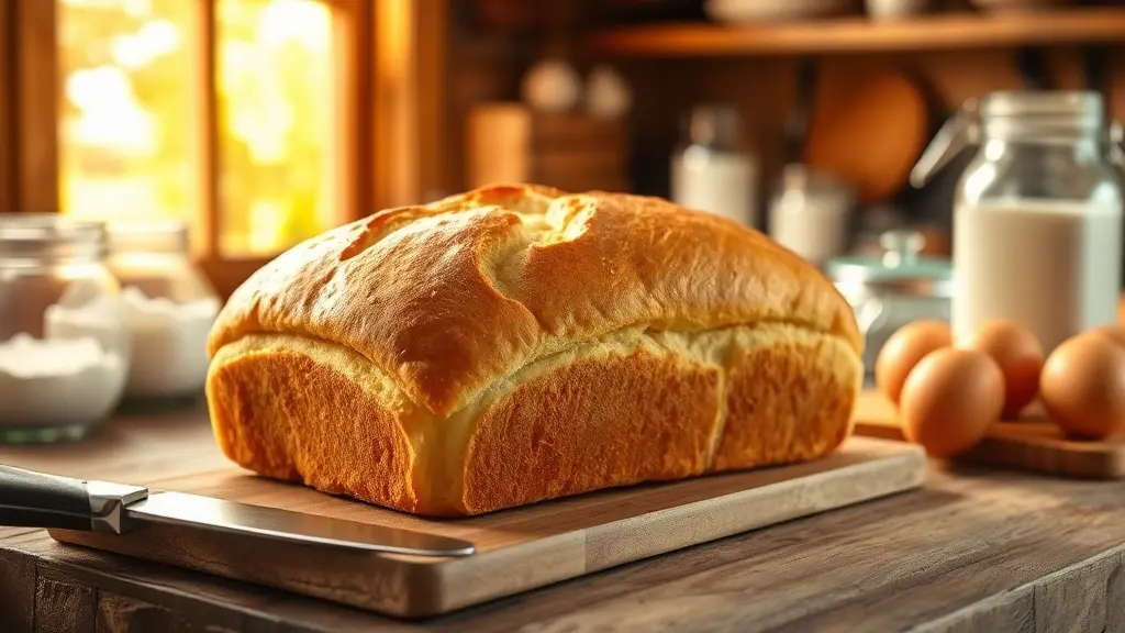 Freshly baked golden-brown sandwich bread loaf on a rustic kitchen table with ingredients like flour, milk, and eggs surrounding it, illuminated by soft natural light.