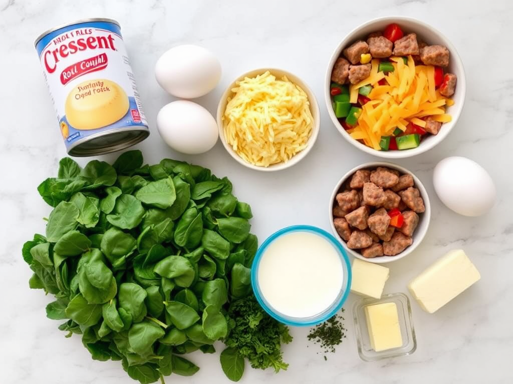 Top-down view of crescent roll breakfast ingredients laid out on a marble countertop: crescent roll dough, eggs, shredded cheddar cheese, cooked sausage pieces, diced bell peppers, chopped spinach, milk, salt, pepper, butter, and fresh herbs.