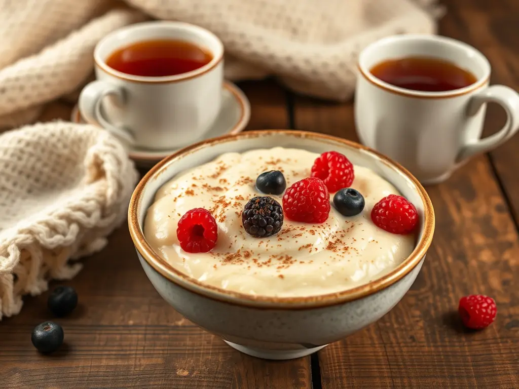 A bowl of creamy rice pudding topped with cinnamon and fresh berries, set on a rustic wooden table, accompanied by a steaming cup of tea and a cozy blanket in the background.