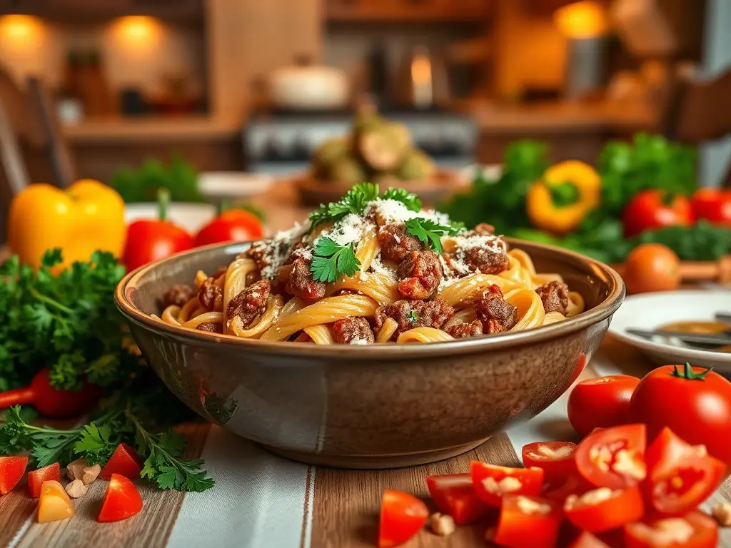 A cozy dinner table with a large bowl of Savory Skillet Ground Sausage Pasta garnished with parsley and Parmesan, surrounded by fresh ingredients like bell peppers, tomatoes, and herbs. Warm kitchen lighting creates a homey atmosphere