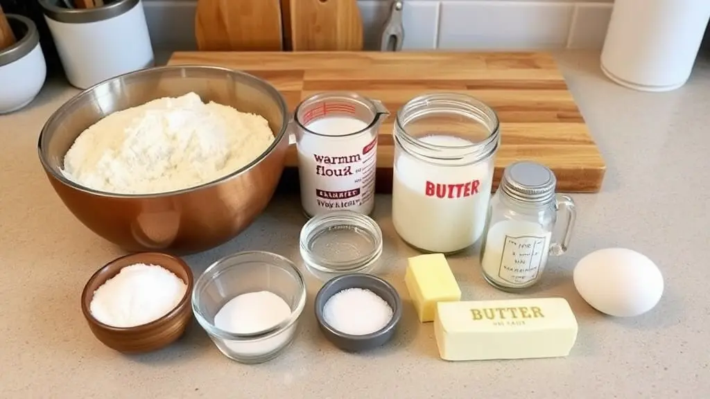 All the ingredients for homemade sandwich bread neatly arranged: flour, milk, yeast, sugar, salt, butter, and an egg, ready for baking on a kitchen counter.