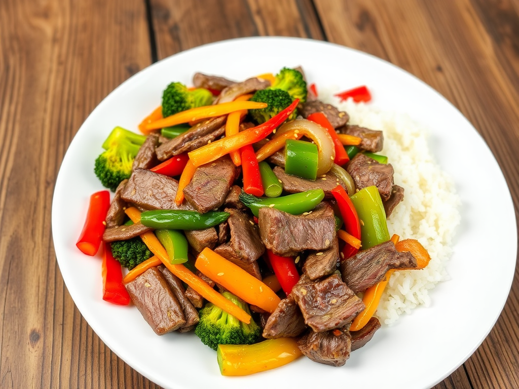 A delicious steak stir-fry featuring thinly sliced flank steak, bell peppers, broccoli, and onions, garnished with sesame seeds and served with rice on a white plate. The rustic wooden table background adds warmth to the presentation.