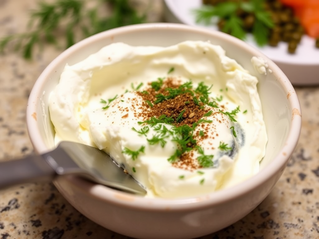 Close-up of a bowl with softened cream cheese being mixed with fresh herbs, with a spatula and some capers in the background, illustrating the preparation for the smoked salmon dish.