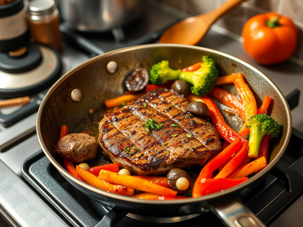 A cooking scene showing marinated steak sizzling in a skillet with vibrant vegetables like bell peppers and broccoli being sautéed. The kitchen setting includes cooking utensils and spices, capturing the action of preparing a flavorful stir-fry.