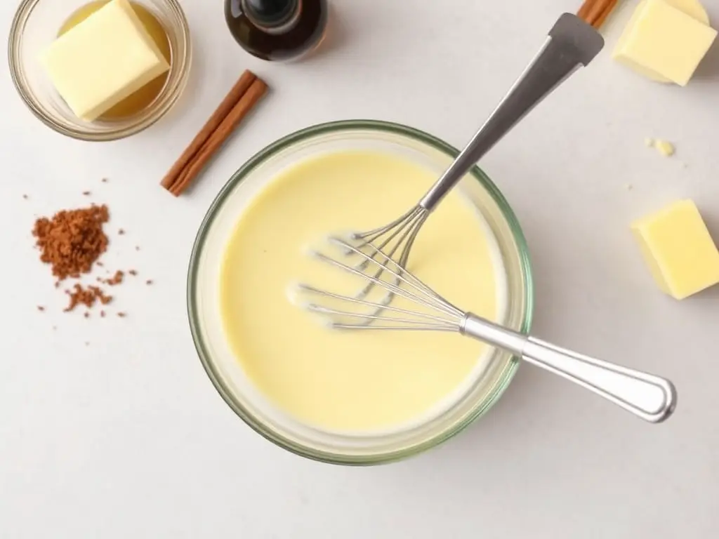 A small bowl of creamy sauce being prepared for rice pudding, with vanilla extract, cinnamon, and butter arranged around the bowl, and a whisk in the sauce on a neutral kitchen countertop.