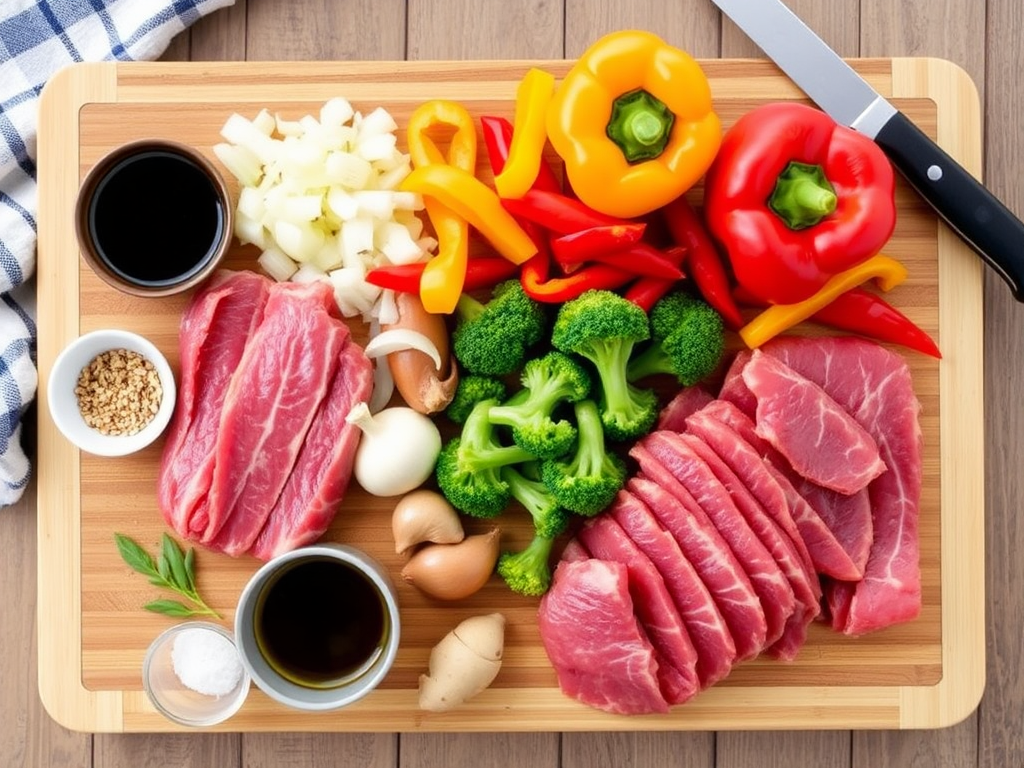 A flat lay of ingredients for steak stir-fry, including thinly sliced flank steak, colorful bell peppers, broccoli, onions, garlic, ginger, soy sauce, olive oil, salt, and pepper. The arrangement is on a wooden cutting board with a kitchen towel and knife in the background.