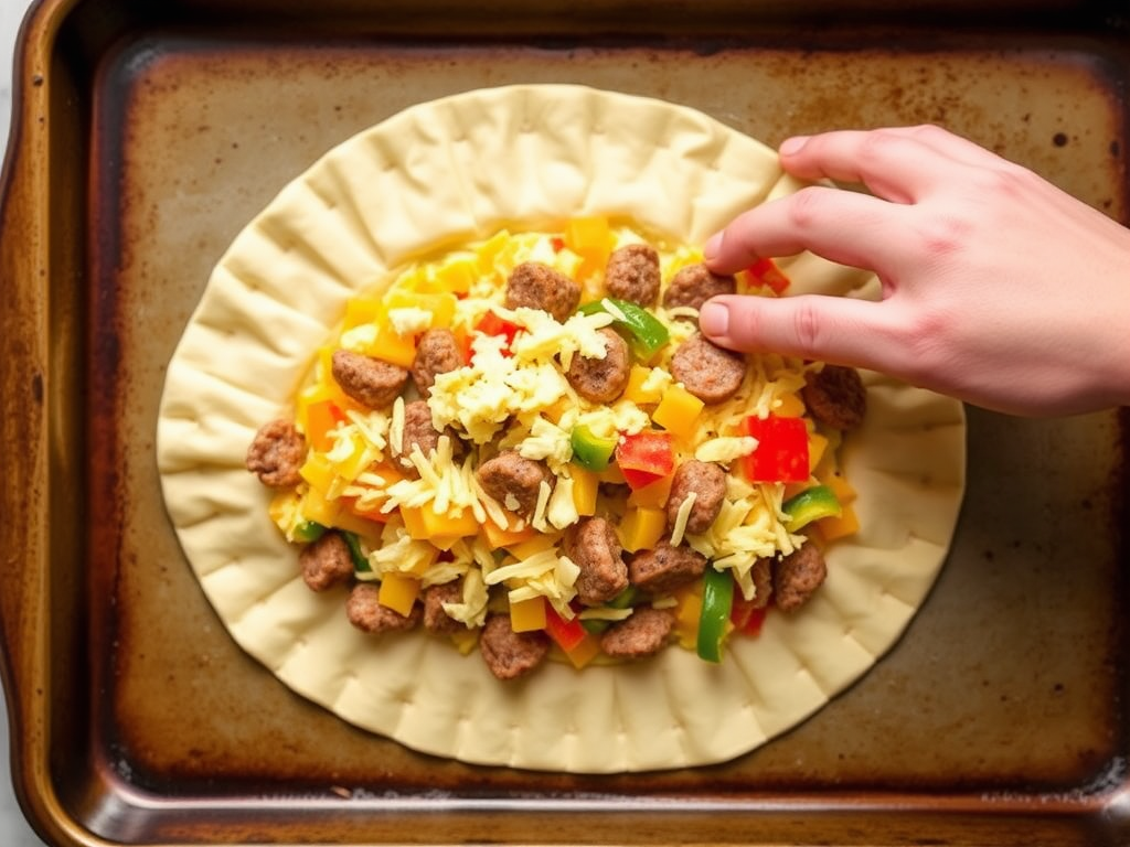 Step-by-step preparation of crescent rolls. An open triangle of crescent dough sits on a baking sheet, topped with scrambled eggs, shredded cheese, sausage pieces, and bell peppers. A hand gently rolls up the filled dough, demonstrating the filling process.