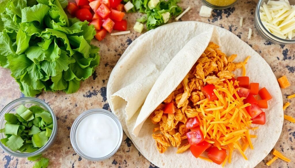 Assembling buffalo chicken wrap